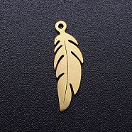 304 Stainless Steel Pendants, Feather, Golden, 20.5x6.5x1mm, Hole: 1mm(STAS-Q201-JN349-2)