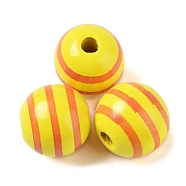 Printed Wood European Beads, Large Hole Striped Round Beads, Yellow, 16mm, Hole: 4mm(WOOD-M010-05A)