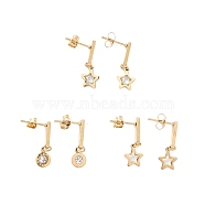 3 Pair 3 Style Crystal Rhinestone Star & Roman Number Dangle Stud Earrings, Ion Plating(IP) 304 Stainless Steel Jewelry for Women, Golden, 22~23mm, Pin: 1mm, 1 Pair/style(EJEW-B020-02G)