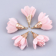 Iron Pendants, with Chiffon, Flower, Golden, Pink, 28~32x25~32mm, Hole: 1~4mm(FIND-T033-01L)