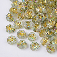 Plating Transparent Acrylic Beads, with Glitter Powder, Metal Enlaced, Horizontal Hole, Flat Round with Letter, Golden Plated, 7x4mm, Hole: 1.5mm, about 3540pcs/500g(TACR-T008-01A)