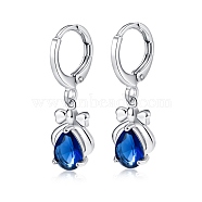 Platinum Tone Stainless Steel Dangle Earrings, with Cubic Zirconia, Dark Blue, 26x9mm(EJEW-EE0002-04B)