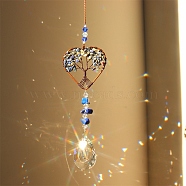 Natural Lapis Lazuli Chip Wrapped Heart with Tree of Life Hanging Ornaments, Glass Teardrop Tassel Suncatchers for Home Outdoor Decoration, 180mm(PW-WG90532-09)