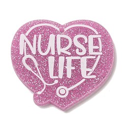 Nurse's Day Acrylic Keychain Pendants, with Glitter, Heart, 36x40x2mm, Hole: 1.5mm(SACR-S680-02F)