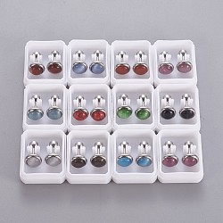 304 Stainless Steel Ear Fake Plugs, Ear Studs, with Synthetic Gemstone and Cat Eye, Half Round, Mixed Color, Stainless Steel Color, 8mm, Pin: 1mm, 12pairs/card(EJEW-F227-20P-A)