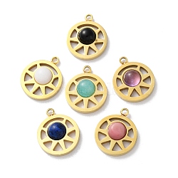 Natural Mixed Gemstone Sun Charms, Ion Plating(IP) 304 Stainless Steel Flat Round Charms, Mixed Dyed & Undyed, Real 18K Gold Plated, 14.5x12x4mm, Hole: 1.5mm(STAS-Z099-07G)