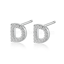 Anti-Tarnish Rhodium Plated 925 Sterling Silver Initial Letter Stud Earrings, with Cubic Zirconia, Platinum, Letter D, 5x5mm(HI8885-04)