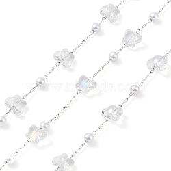 Handmade Glass Butterfly and ABS Plastic Imitation Pearl Beaded Chains, with 304 Stainless Steel Findings, Soldered, with Spool, Stainless Steel Color, 4x3.5mm, 6x7.5x4.5mm, about 16.40 Feet(5m)/Roll(CHC-R135-15P)
