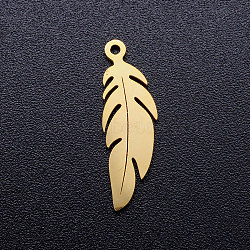 304 Stainless Steel Pendants, Feather, Golden, 20.5x6.5x1mm, Hole: 1mm(STAS-Q201-JN349-2)