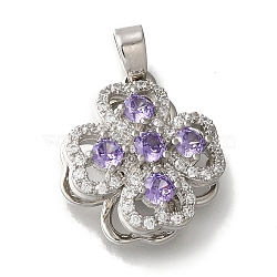 Rack Plating Brass Micro Pave Cubic Zirconia Pendant, Lead Free & Cadmium Free, Long-Lasting Plated, Flower, Platinum, Medium Purple, 18x15x5mm, Hole: 4x3mm(KK-H485-40P-02)