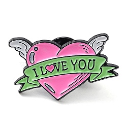 Valentine's Day Black Zinc Alloy Brooches, Pink Enamel Pins for Women, Wing, 17x28x1.5mm(JEWB-E033-03EB-01)
