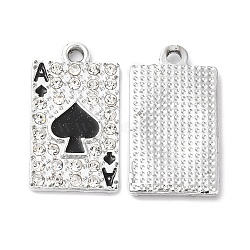 Rack Plating Alloy Crystal Rhinestone Pendants, with Black Enamel, Playing Cards Charms, Platinum, 22.5x12.5x2mm, Hole: 1.5mm(RB-L036-VF917-1)