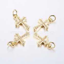 Long-Lasting Plated Brass Micro Pave Cubic Zirconia Pendants, Cross, Real 18K Gold Plated, 15.5x10x2mm, Hole: 3mm(ZIRC-F069-49G)