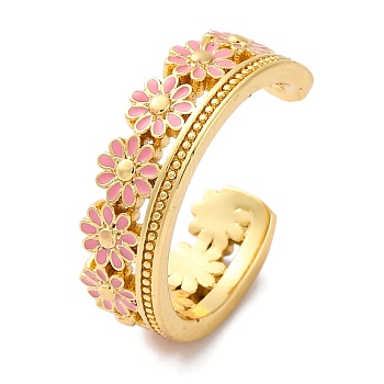 Rack Plating Flower Brass Enamel Open Cuff Rings for Women, Lead Free & Cadmium Free, Long-Lasting Plated, Real 18K Gold Plated, Lavender Blush, 6.5mm