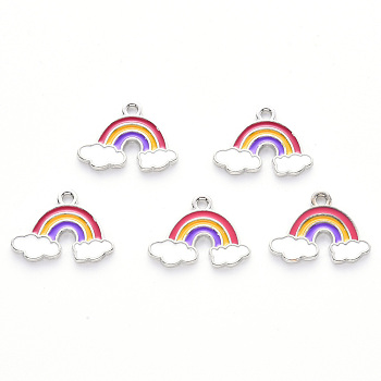 Alloy Enamel Pendants,  Rainbow, Platinum, Cerise, 14x18.5x1.5mm, Hole: 1.8mm
