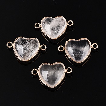 Natural Quartz Crystal Love Heart Pendants, Brass Rock Crystal Heart Charms, Golden, 15.5x23x6mm, Hole: 1.8~2mm