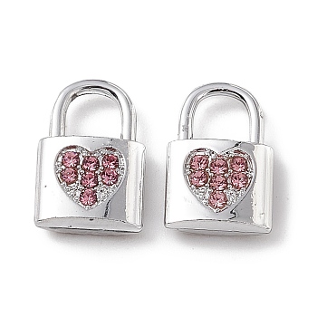 Alloy Light Rose Rhinestone Pendants, Lock with Heart Charm, Platinum, 15x9.5x3.5mm, Hole: 5x5mm