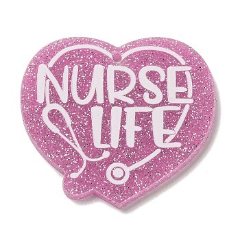 Nurse's Day Acrylic Keychain Pendants, with Glitter, Heart, 36x40x2mm, Hole: 1.5mm