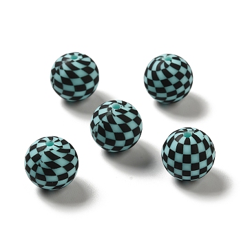 Opaque Silicone Beads, Round with Tartan, Light Blue, 15x14.5mm, Hole: 2.3mm