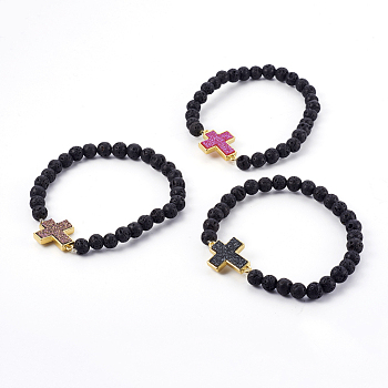 Natural Lava Rock Beads Stretch Bracelets, with Brass Links, with Druzy Acrylic, Cross, Mixed Color, 2-1/2 inch(6.4cm)