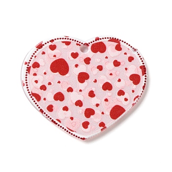 Valentine's Day Printed Transparent Acrylic Pendants, Heart, Pink, 31.5x37.5x2.5mm, Hole: 2mm