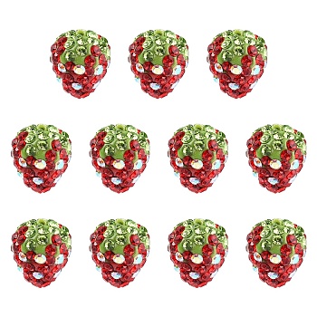 10Pcs Clay Polymer Rhinestone Beads, Pave Disco Ball Beads, Grade A, Strawberry, Red, 14x13mm, Hole: 1mm