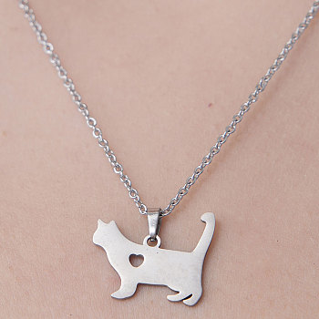 201 Stainless Steel Cat with Heart Pendant Necklace, Stainless Steel Color, 17.72 inch(45cm)