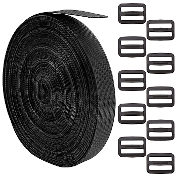 WADORN 50m Polyester Ribbon, with 20Pcs Plastic Buckle Clasps, for Bag Strap Making, Black, 1 inch(25mm)