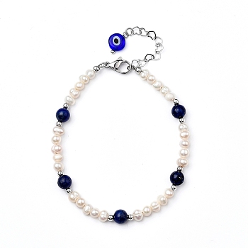 Natural Lapis Lazuli(Dyed) Beaded Bracelets, with Evil Eye Lampwork Beads, Natural Pearl Beads, Brass Beads and 304 Stainless Steel Lobster Claw Clasps, 7-7/8 inch(20cm)