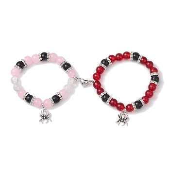 2Pcs 10mm Round Crackle Glass & Red Glass & Pink Glass & Black Glass Beaded Stretch Bracelet Sets for Lover, Halloween Spider Alloy Charm Bracelets with Heart Magnetic Clasps for Women Men, Mixed Color, Inner Diameter: 2-3/8 inch(6.1cm) and 2 inch(5.1cm)