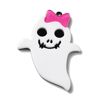 Acrylic Halloween Style Pendants, with Glitter Powder, Ghost with Bowknot, White, 45.5x34x3.5mm, Hole: 1.8mm