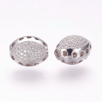 Brass Micro Pave Cubic Zirconia Beads, Oval, Hollow, Platinum, 13.5x11x10mm, Hole: 2mm