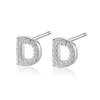 Rhodium Plated 925 Sterling Silver Initial Letter Stud Earrings, with Cubic Zirconia, Platinum, Letter D, 5x5mm