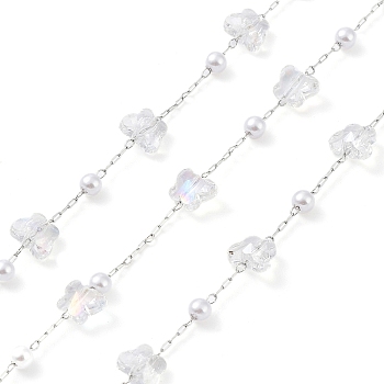 Handmade Glass Butterfly and ABS Plastic Imitation Pearl Beaded Chains, with 304 Stainless Steel Findings, Soldered, with Spool, Stainless Steel Color, 4x3.5mm, 6x7.5x4.5mm, about 16.40 Feet(5m)/Roll