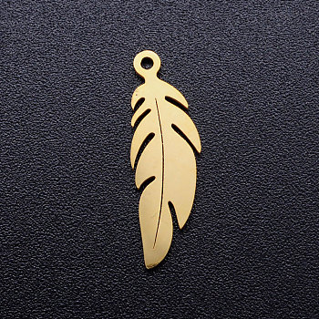 304 Stainless Steel Pendants, Feather, Golden, 20.5x6.5x1mm, Hole: 1mm