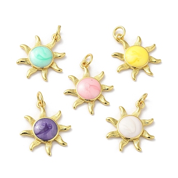 Rack Plating Brass Enamel Pendants, with Jump Ring, Lead Free & Cadmium Free, Sun Charm, Real 18K Gold Plated, Mixed Color, 20x17.5x3.5mm, Hole: 3.5mm