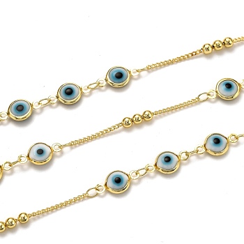 3.28 Feet Brass Curb Chains, with Glass, Long-Lasting Plated, Soldered, Evil Eye, Golden, Links: 1.6x1.3x0.4mm, Beads: 3mm, Evil Eye: 12.5x6.7x2.9mm