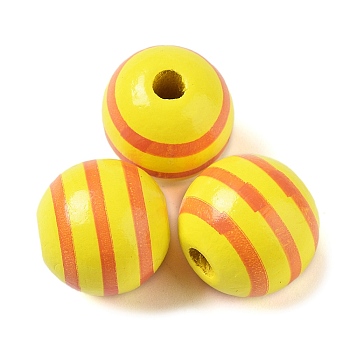 Printed Wood European Beads, Large Hole Striped Round Beads, Yellow, 16mm, Hole: 4mm