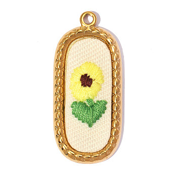 304 Stainless Steel with Cloth Pendants, Ion Plating(IP), Rectangle with Flower Charms, Mirror Polished Finish, Yellow, Real 18K Gold Plated, 32x14mm, Hole: 2mm