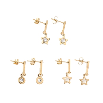 3 Pair 3 Style Crystal Rhinestone Star & Roman Number Dangle Stud Earrings, Ion Plating(IP) 304 Stainless Steel Jewelry for Women, Golden, 22~23mm, Pin: 1mm, 1 Pair/style