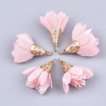Iron Pendants, with Chiffon, Flower, Golden, Pink, 28~32x25~32mm, Hole: 1~4mm