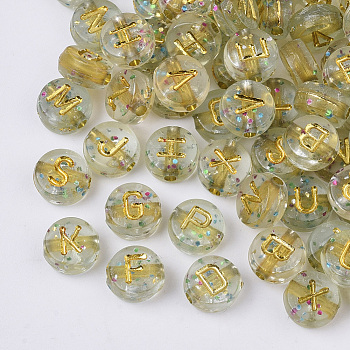 Plating Transparent Acrylic Beads, with Glitter Powder, Metal Enlaced, Horizontal Hole, Flat Round with Letter, Golden Plated, 7x4mm, Hole: 1.5mm, about 3540pcs/500g
