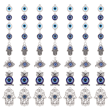 Evil Eye Jewelry Making Finding Kit, Including Zinc Alloy Connector Charms & Pendants, with Enamel, Flat Round & Hamsa Hand & Owl, Mixed Color, 16~50x12~36x3.5~5.5mm, Hole: 1.8~3.5mm, 32Pcs/box