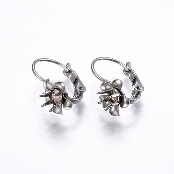 201 Stainless Steel Leverback Earring Findings, with 304 Stainless Steel Pin, Flower, Stainless Steel Color, Tray: 4mm, 17x9x13mm, Pin: 0.8mm