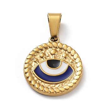 Ion Plating(IP) 304 Stainless Steel Pendants, with Enamel, Golden, Flat Round with Evil Eye Charm, Marine Blue, 18.5x16.5x2mm, Hole: 7.5x3.5mm