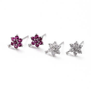 Brass Micro Pave Cubic Zirconia Stud Earrings Findings, Cadmium Free & Lead Free, Flower with Loop, Platinum, Mixed Color, 9.5x6.5x3mm, Hole: 0.8mm, Pin: 0.9mm