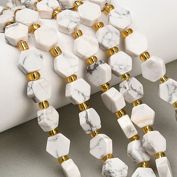 Natural Howlite Beads Strands, Hexagon, with Seed Beads, 9x10x5mm, Hole: 0.8mm, about 15pcs/strand, 7.09''(18cm)
