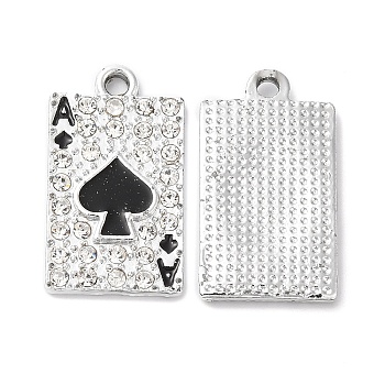 Rack Plating Alloy Crystal Rhinestone Pendants, with Black Enamel, Playing Cards Charms, Platinum, 22.5x12.5x2mm, Hole: 1.5mm