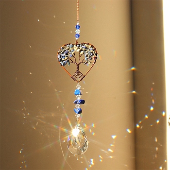 Natural Lapis Lazuli Chip Wrapped Heart with Tree of Life Hanging Ornaments, Glass Teardrop Tassel Suncatchers for Home Outdoor Decoration, 180mm