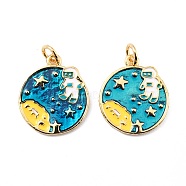 Brass Enamel Pendants, with Jump Ring, Long-Lasting Plated, Real 18K Gold Plated, Flat Round with Astronaut & Star & Moon, Dark Turquoise, 19x16x1.5mm, Jump Ring: 5x0.8mm, 3.4mm Inner Diameter(KK-K250-21G)